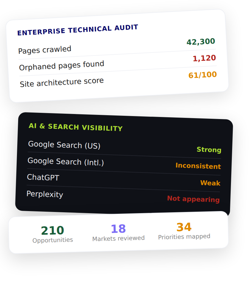 Enterprise technical audit dashboard showing pages crawled, orphaned pages, site architecture score and brand visibility across Google Search, ChatGPT and Perplexity.