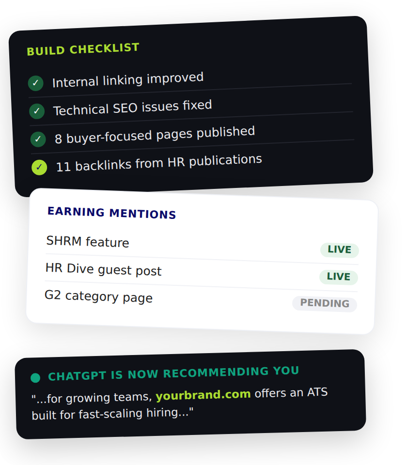 HR tech SEO checklist showing internal linking, technical fixes, buyer-focused content, backlinks, earned media mentions and ChatGPT recommendations.