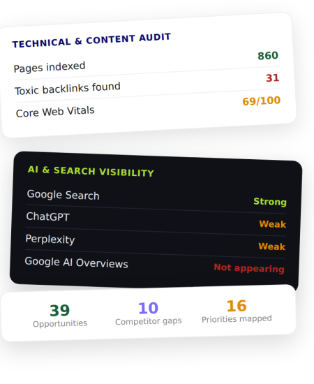 Technical and content audit showing indexed pages, toxic backlinks, Core Web Vitals and brand visibility across Google, ChatGPT and Perplexity.
